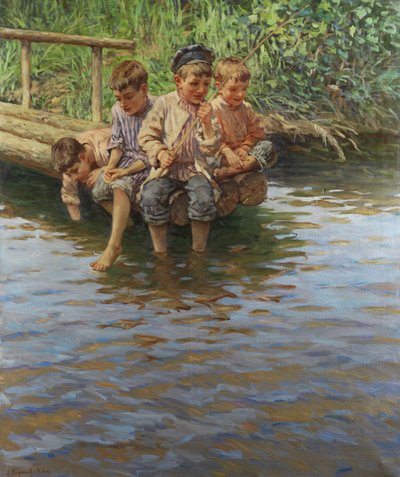 Cuatro niños en el muelle pescando de Nikolay Bogdanov Belsky